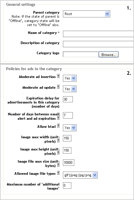 Category configuration, general settings and policies for ads